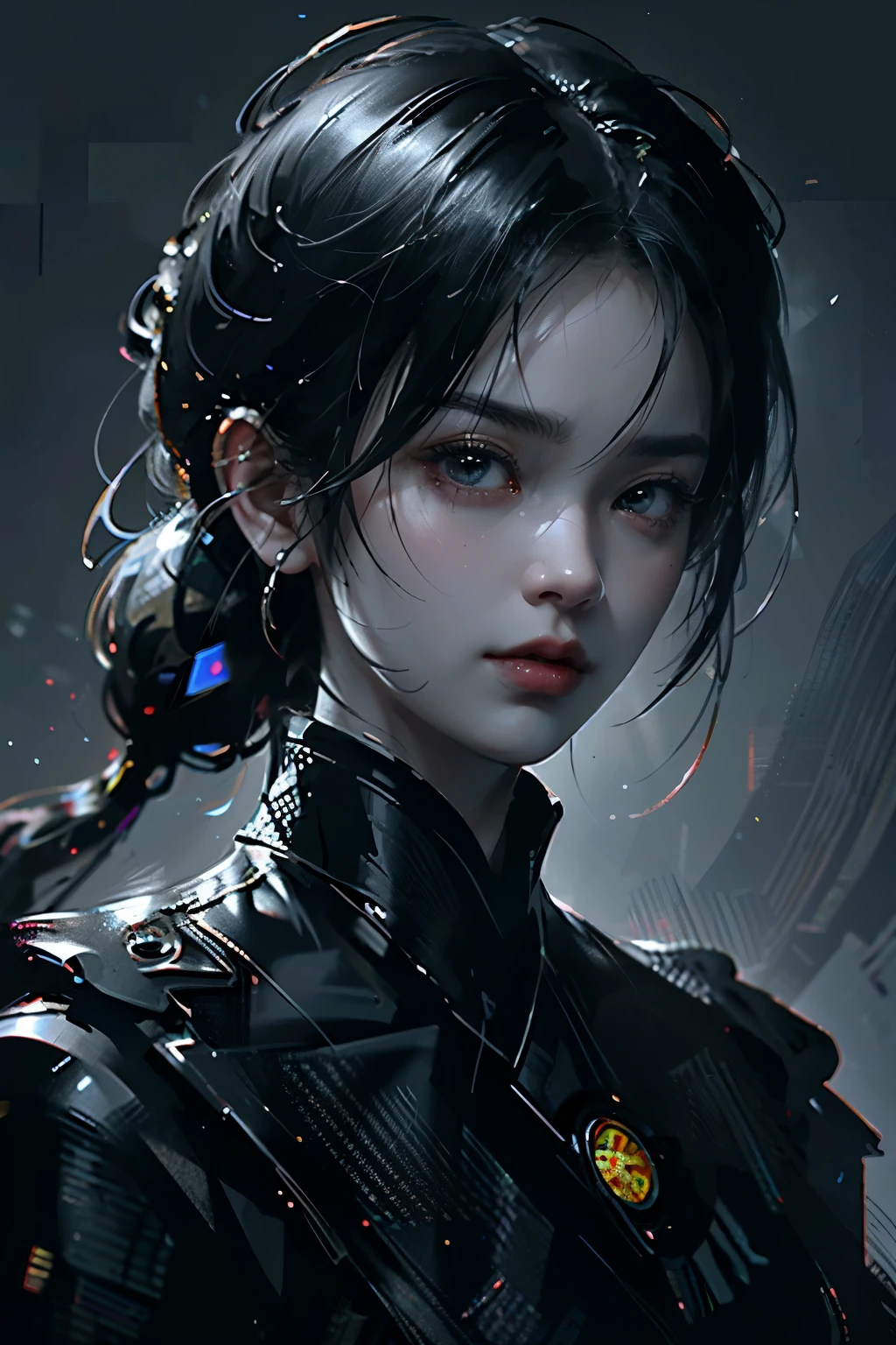 Game art，The best picture quality，Highest resolution，8K，((A bust photograph))，((Portrait))，((Head close-up:1.5))，(Rule of thirds)，Unreal Engine 5 rendering works， (The Girl of the Future)，(Female Warrior)， 22岁少女，(Female hackers)，(Rainbow hair:1.2)，(Ancient Oriental hairstyle)，(The pupils of the red eyes:1.3)，(A beautiful eye full of detail)，(Big breasts)，(Eye shadow)，优雅迷人，冷漠，((Anger))，(Future style silk combat suit combined with the characteristics of Chinese cheongsam，Joint Armor，There are exquisite Chinese patterns on the clothes，A flash of jewellery)，赛博朋克人物，未来风格， 拍照姿势，城市背景，Movie lights，Ray tracing，Game CG，((3D Unreal Engine))，oc渲染反射纹