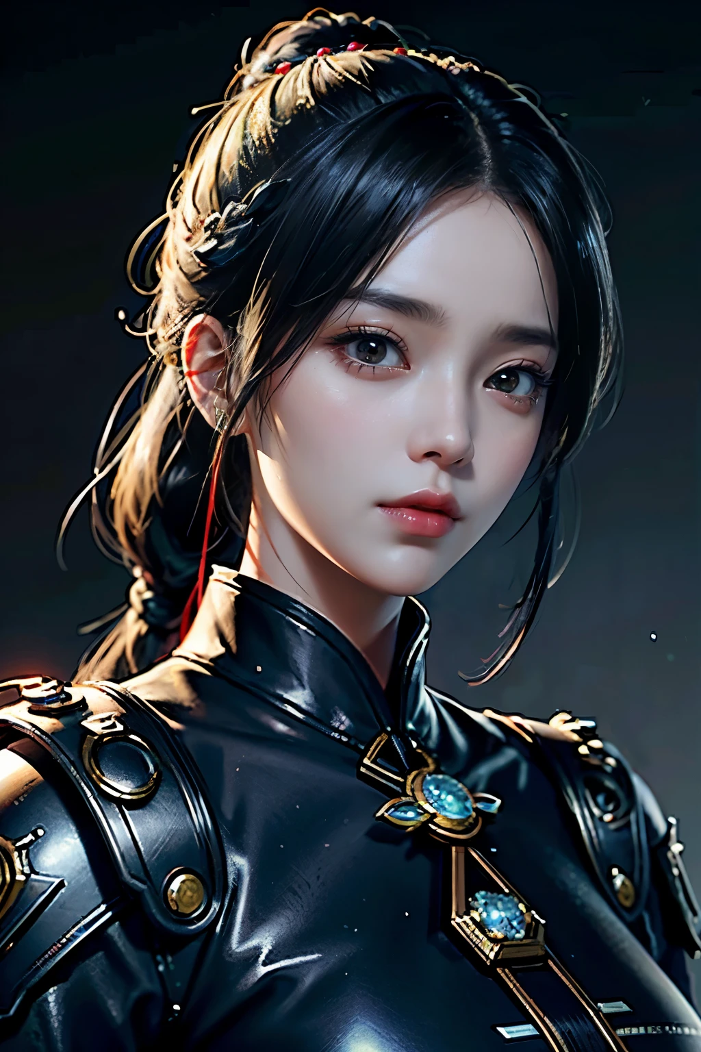 Game art，The best picture quality，Highest resolution，8K，((A bust photograph))，((Portrait))，((Head close-up:1.5))，(Rule of thirds)，Unreal Engine 5 rendering works， (The Girl of the Future)，(Female Warrior)， 22岁少女，(Female hackers)，(Rainbow hair:1.2)，(Ancient Oriental hairstyle)，(The pupils of the red eyes:1.3)，(A beautiful eye full of detail)，(Big breasts)，(Eye shadow)，优雅迷人，冷漠，((Anger))，(Future style silk combat suit combined with the characteristics of Chinese cheongsam，Joint Armor，There are exquisite Chinese patterns on the clothes，A flash of jewellery)，赛博朋克人物，未来风格， 拍照姿势，城市背景，Movie lights，Ray tracing，Game CG，((3D Unreal Engine))，oc渲染反射纹