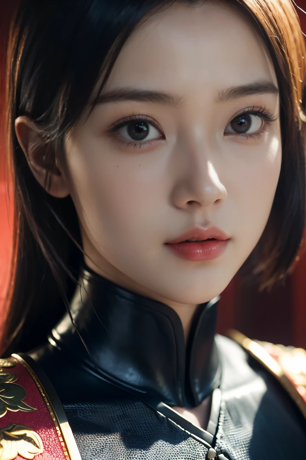 Game art，The best picture quality，Highest resolution，8K，((A bust photograph))，((Portrait))，((Head close-up:1.5))，(Rule of thirds)，Unreal Engine 5 rendering works， (The Girl of the Future)，(Female Warrior)， 22-year-old girl，(Female hackers)，(Ancient Oriental hairstyle)，((The pupils of the red eyes:1.3))，(A beautiful eye full of detail)，(Big breasts)，(Eye shadow)，Elegant and charming，indifferent，((Anger))，(Future style silk combat suit combined with the characteristics of Chinese cheongsam，Joint Armor，There are exquisite Chinese patterns on the clothes，A flash of jewellery)，Cyberpunk Characters，Future Style， Photo poses，City background，Movie lights，Ray tracing，Game CG，((3D Unreal Engine))，oc rendering reflection pattern