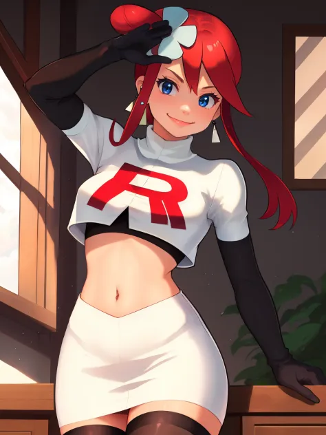 skyla,glossy lips, earings ,team rocket uniform, red letter r, white skirt,white crop top,black thigh-high boots, black elbow gl...