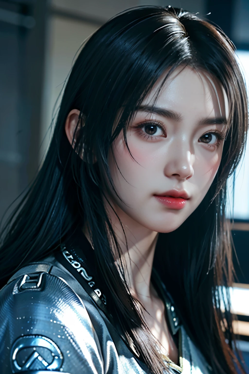 Game art，The best picture quality，Highest resolution，8K，((A bust photograph))，((Portrait))，((Head close-up:1.5))，(Rule of thirds)，Unreal Engine 5 rendering works， (The Girl of the Future)，(Female Warrior)， 22-year-old girl，(Female hackers)，(Ancient Oriental hairstyle)，((The pupils of the red eyes:1.3))，(A beautiful eye full of detail)，(Big breasts)，(Eye shadow)，Elegant and charming，indifferent，((Anger))，(Future style silk combat suit combined with the characteristics of Chinese cheongsam，Joint Armor，There are exquisite Chinese patterns on the clothes，A flash of jewellery)，Cyberpunk Characters，Future Style， Photo poses，City background，Movie lights，Ray tracing，Game CG，((3D Unreal Engine))，oc rendering reflection pattern