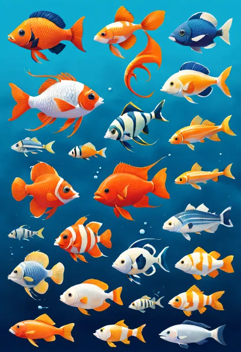 Fish character design for picture books, 8 types, right, simple form, different types of fish, simple design, plane, tropical fish, sea fish, Freshwater fish