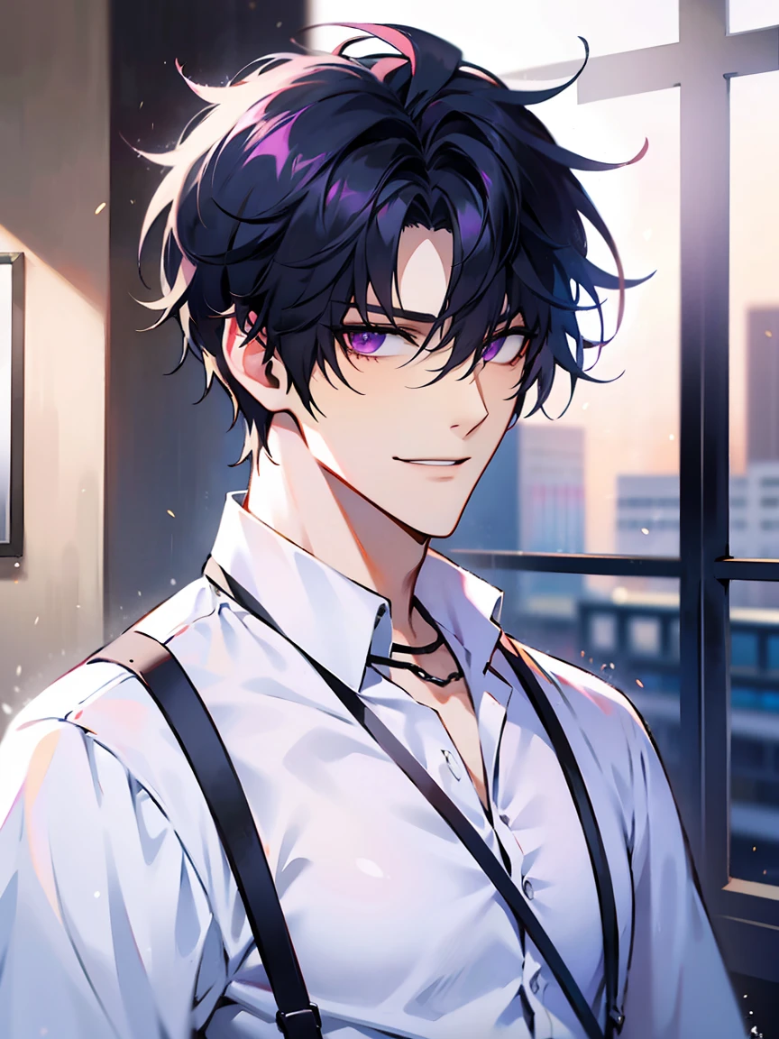 1 boy, solo, short hair, black hair, asymmetrical fringe, purple eyes, (mature male, mature:1.2), (pixiv:1.4), handsome, sharp eyes, male focus, high quality, masterpiece, blue dress shirt, necklace, suspenders, smile, toned body, smile