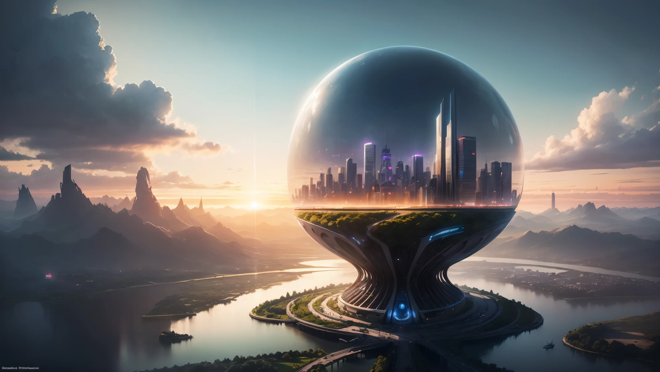 (Best quality,4K,8K,A high resolution,Masterpiece:1.2),Ultra-detailed,(Realistic,Photorealistic,photo-realistic:1.37),Futuristic floating sky city,Futuristic technology,Huge urban high-tech tablet platform,Airship,Floating in the sky,Futuristic city,Small airships around,High-tech hemispherical platform,Colorful lights,Advanced architecture,Islamic architecture,modern architecture,skyscraper,Access the cloud,Scenic beauty,view over city,Impressive design,Blend seamlessly with nature,energetic and vibrant atmosphere,Futuristic transportation system,Parking is suspended,Transparent path,Lush greenery,Sky gardens,cascading waterfalls,Magnificent skyline,reflections on the water,Sparkling river,Architectural innovation,futuristic skyscrapers,Transparent dome,The shape of the building is unusual,Elevated walkway,Impressive skyline,Glowing lights,Futuristic technology,Minimalist design,Scenic spots,Panoramic view,Cloud Piercing Tower,Vibrant colors,epic sunrise,epic sunset,Dazzling light display,magical ambiance,The future city,Urban Utopia,LuxuryLifestyle,Innovative energy,sustainable development,Smart city technology,Advanced infrastructure,Tranquil atmosphere,Nature and technology live in harmony,Awesome cityscape,Unprecedented urban planning,Architecture connects seamlessly with nature,High-tech metropolis,A cutting-edge engineering marvel,The future of urban living,Visionary architectural concept,Energy-efficient buildings,Harmony with the environment,A city floating above the clouds,Utopian dreams become reality,The possibilities are endless,State-of-the-art transportation network,Green energy integration,Innovative materials,Impressive holographic display,Advanced communication system,Breathtaking aerial view,Quiet and peaceful environment,Modernist aesthetics,Ethereal beauty