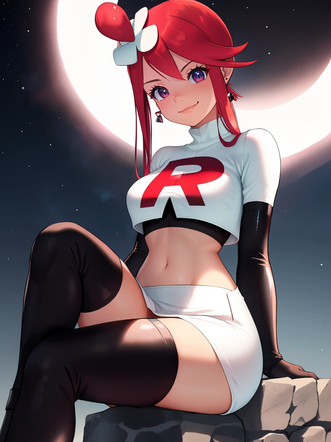 
skyla,glossy lips, earings ,team rocket uniform, red letter R, white skirt,white crop top,black thigh-high boots, black elbow gloves, closed mouth, evil smile, looking down on viewer, sitting down ,legs crossed, night sky background
