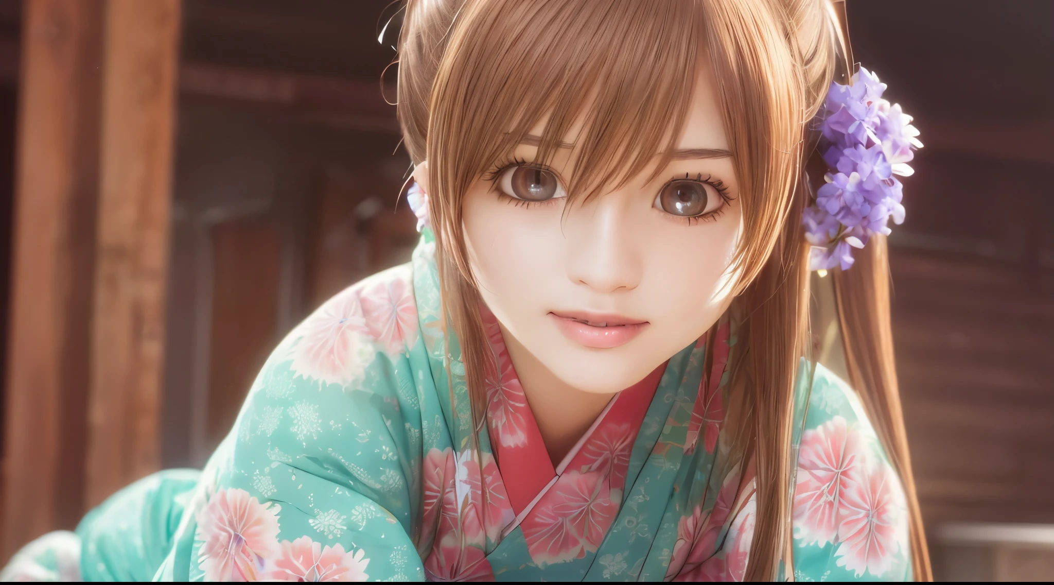 highest quality, 8K, Super detailed, photorealistic, smile, 1 girl, open your mouth, smile, highest quality, High resolution, intricate details, highest quality, chromatic aberration, brown hair, ponytail, 1 girl, alone, kimono, kimono, Purple Hakama, crawl on all fours, whole body, long hair, thighs, long hair, hair ornaments, (face focus:1.3), reach out, Japanese face, 16 years old