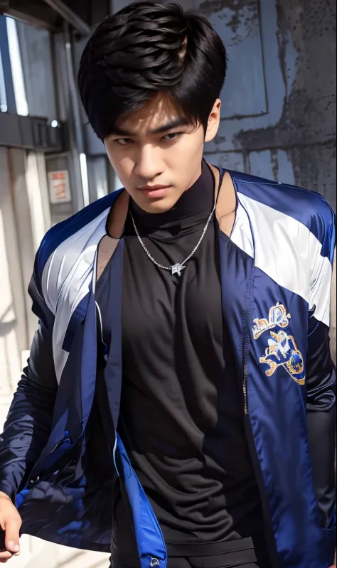 1boy, park hyungseok lookism, 
black t-shirt, blue jacket, necklace, short hair, black hair, realistic, ultra detail