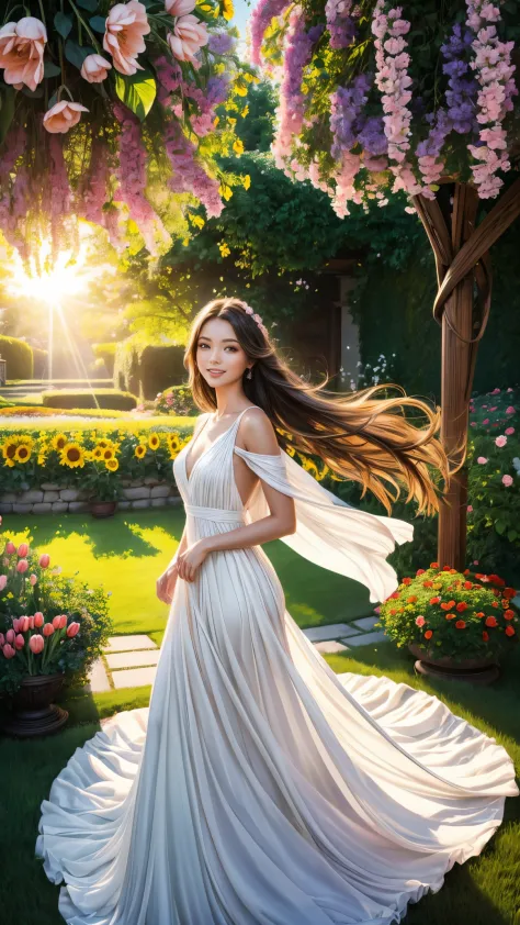 A girl with beautiful detailed eyes and lips standing in a vibrant garden, surrounded by blooming flowers and lush greenery. She...