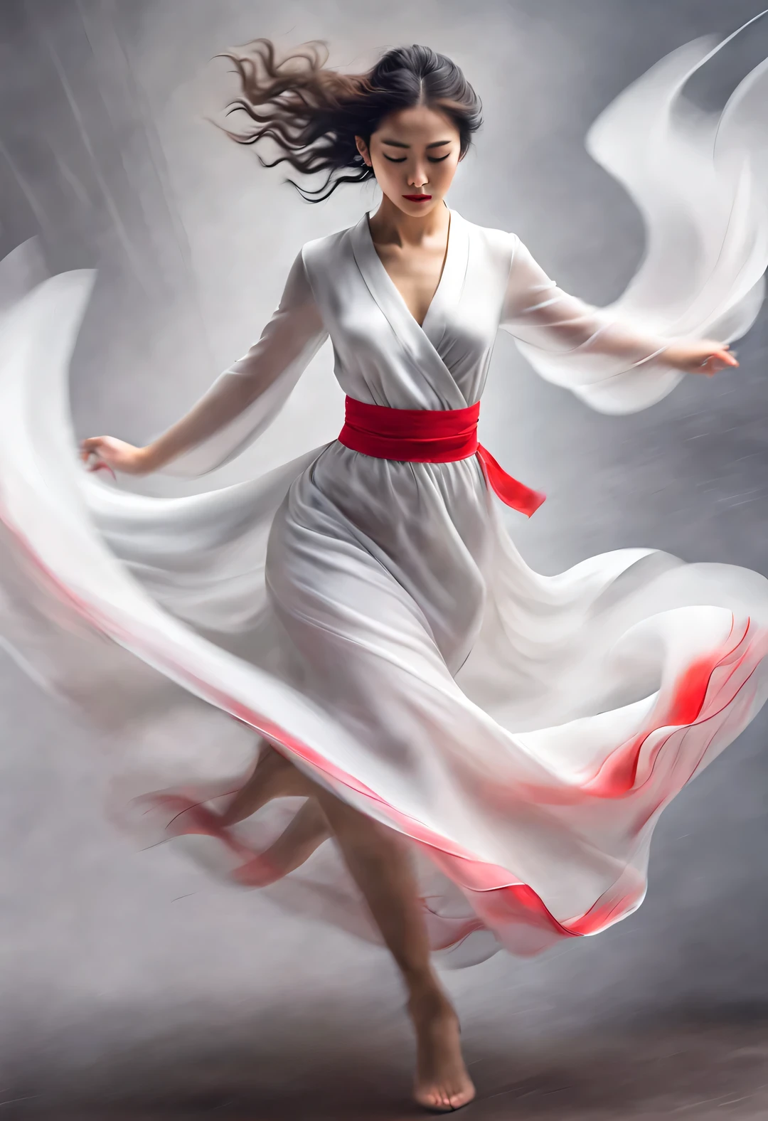 （레드 아트 포스터 디자인），（전신），（놀랍도록 아름다운 중국 댄서가 춤을 추고 있습니다.），거즈 스커트를 입는다，뽀얗고 결점없는 피부），콧대가 높고 곧다.，（헝클어진 숄머리에 두꺼운 긴 머리：1.1），눈을 감고 취기에 빠져보세요，（오드리에게서 영감을 받아.햅 번：1.0），슬프면서도 아름답다，길고 아름다운 팔다리，날씬한 허리，절묘한 얼굴 특징，（맨발）， 소용돌이 치는 안개，고귀한 기질，검정색과 흰색，중국 수묵화，，초현실주의，희미한，상상하다，