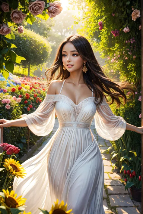 A girl with beautiful detailed eyes and lips stands in a vibrant garden, Surrounded by blooming flowers and lush greenery. She h...