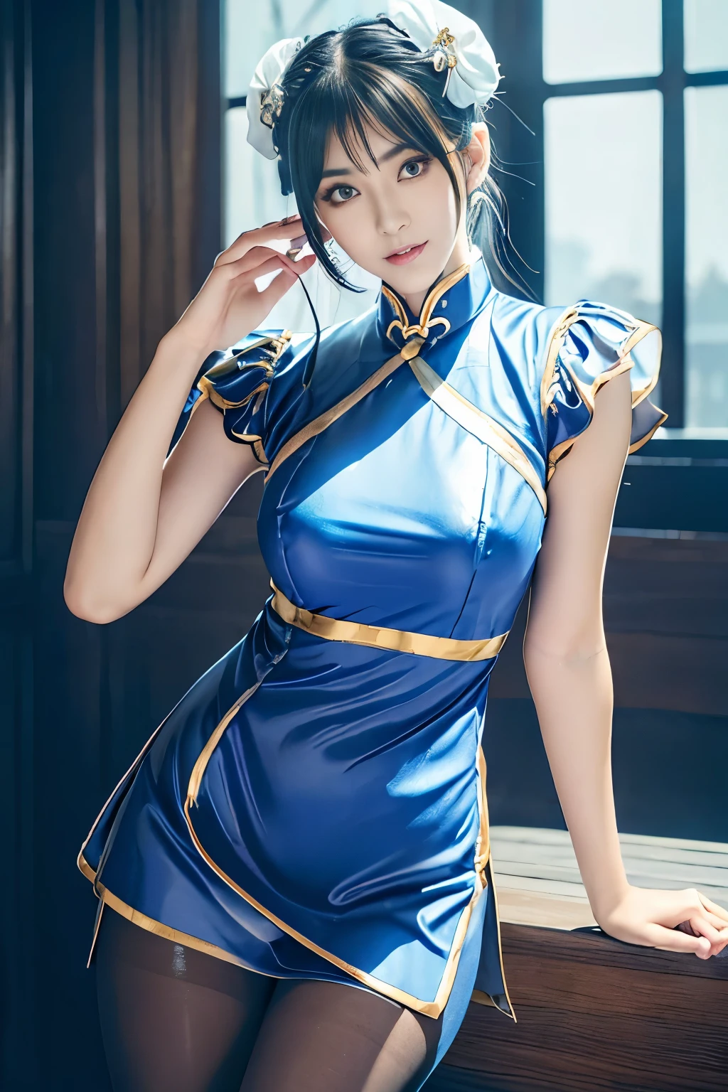 Live-action version of Chun-Li from Street Fighter，RAW photo,,(Blue china clothes、Ｃcup breast)、(Looks like a super realistic photo)、portrait、perfect angle、(professional quality、High resolution)、perfect contrast、perfect lighting、perfect composition、perfect skin、perfect hands、perfect fingers、perfect breasts、perfect fast perfect、A masterpiece that reproduces realistic facial features and hairstyles、White Hair Clip、ribbon)、(supermodel with long legs)、 ((Sexy blue and gold cheongsam、puff sleeves、White band、blue front droop、Sticky Wristband、thigh slit))、((blue front droop))、(cute日本の女の子、Face the front and look at the camera、Dark brown hair with wet and shiny)、restaurant、on the road、Light in Eye Ace Perfect、perfect body、perfect fingers、perfect arms、perfect hands、face becomes smaller、double eyelid、Big eyes、money is better than beauty、visible all over、Supermodel with very long legs、teenage、cute、spotless、lip gloss、hair fluttering in the strong wind、Stand facing the front、((Slender and stretched thin pantyhose、shiny pantyhose、white long boots))、movie lighting、light shines on your face