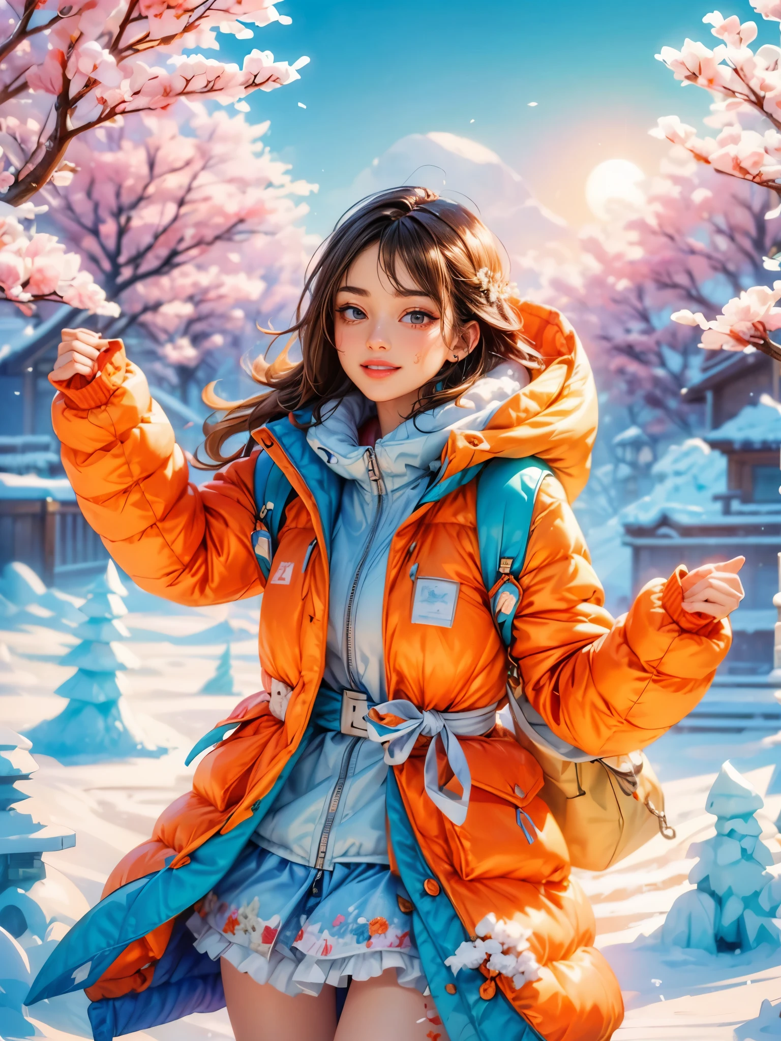 (masterpiece,best quality:1.5),Surreal,32k,original photo,(High detail skin:1.2), 8k ultra high definition, SLR camera, soft light, high quality, film grain,Beautiful lighting ,(panoramic:1.5), An imaginative and detailed illustration of a fantasy female friend, depicted as a cute and beautiful girl. Her face is lit up with a happy smile, and she is fashionably dressed in a bright orange puffer jacket. The setting is a magical ice sculpture world, with an icy, snowy landscape filled with snowflakes. The girl is a blend of wisdom, beauty, and diligence, representing a sweet and ideal character. The image is created with creative flair, showcasing the girl enjoying herself in this enchanting, frosty environment, embodying a sense of joy and wonder, (Ultra high saturation, bright and vivid colors: 1.5), (nsfw), (Facing the viewer: 1.5),color palette, oil paint brush, paint splatter,, Japanese cartoons, （smiley face，Red enamel lips，bright red wet lips，lip gloss，red glowing lips，cosmetic，Makeup Eyes，korean girl，Her face is full of anticipation and courage for adventure，A smile appeared on her lips）