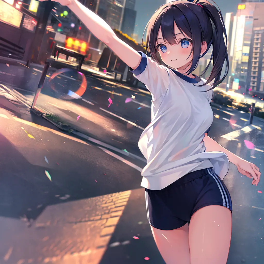 1girl, running road, Ekiden, blue bloomer, fit T-shirts, sweat, full body shot, smile, see-through bangs, ponytail, 
photographr...