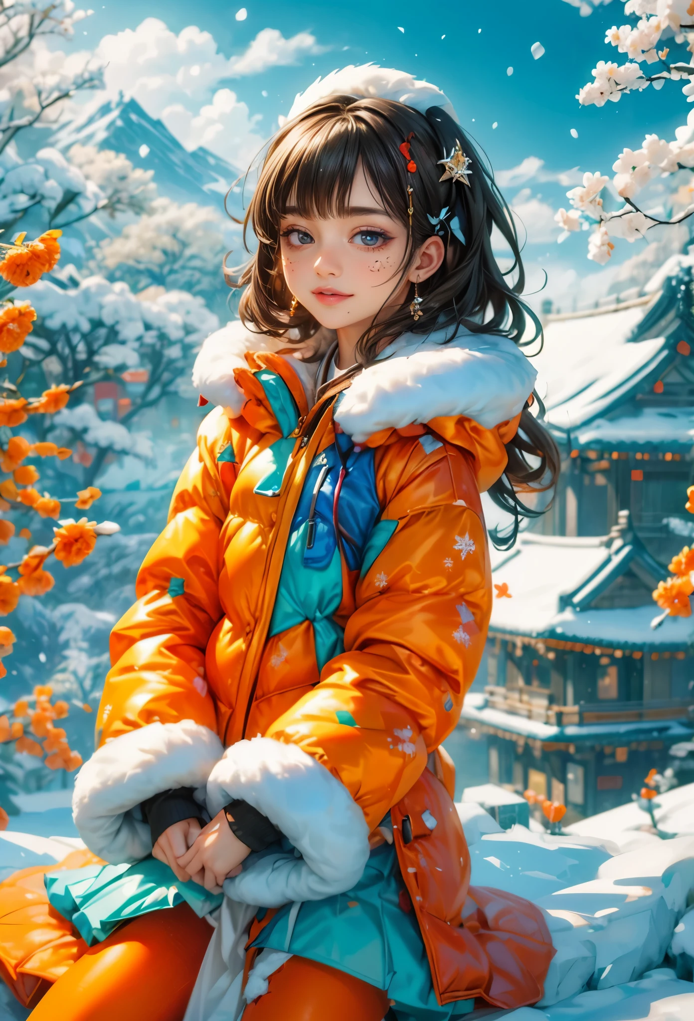 (masterpiece,best quality:1.5),Surreal,32k,original photo,(High detail skin:1.2), 8k ultra high definition, SLR camera, soft light, high quality, film grain,Beautiful lighting ,(panoramic:1.5), An imaginative and detailed illustration of a fantasy female friend, depicted as a cute and beautiful girl. Her face is lit up with a happy smile, and she is fashionably dressed in a bright orange puffer jacket. The setting is a magical ice sculpture world, with an icy, snowy landscape filled with snowflakes. The girl is a blend of wisdom, beauty, and diligence, representing a sweet and ideal character. The image is created with creative flair, showcasing the girl enjoying herself in this enchanting, frosty environment, embodying a sense of joy and wonder, (Ultra high saturation, bright and vivid colors: 1.5), (nsfw), (Facing the viewer: 1.5),color palette, oil paint brush, paint splatter,, Japanese cartoons, （smiley face，Red enamel lips，bright red wet lips，lip gloss，red glowing lips，cosmetic，Makeup Eyes，korean girl，Her face is full of anticipation and courage for adventure，A smile appeared on her lips）
