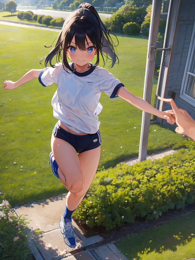 1girl, running road, Ekiden, blue bloomer, fit T-shirts, sweat, full body shot, smile, see-through bangs, ponytail, 
photographrealistic, Sense of depth, Absurd resolution, High resolution, 8K, 4K, detail, Best Quality, (Raw photo, Best Quality, masters:1.2), (Realistic, Photorealsitic:1.37), ultra-detailliert,
