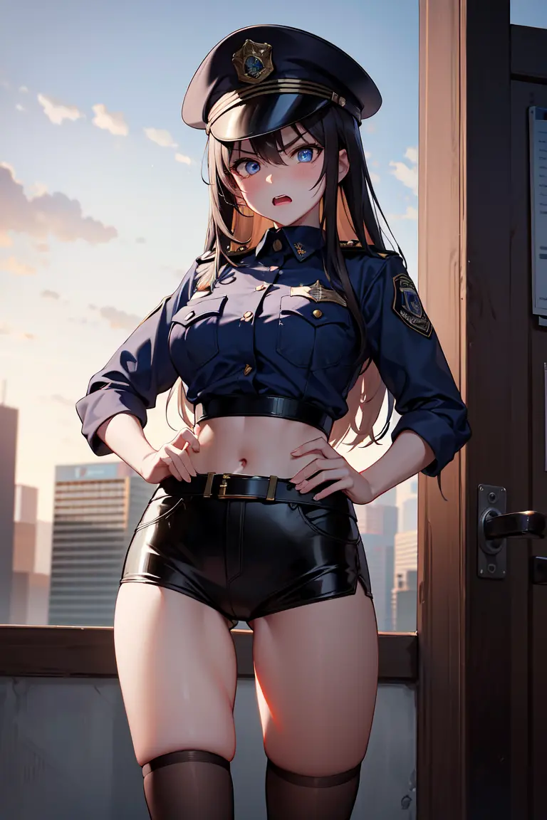 masterpiece, best quality, ultra-detailed, high resolution, absurdres, 1girl, police uniform, angry