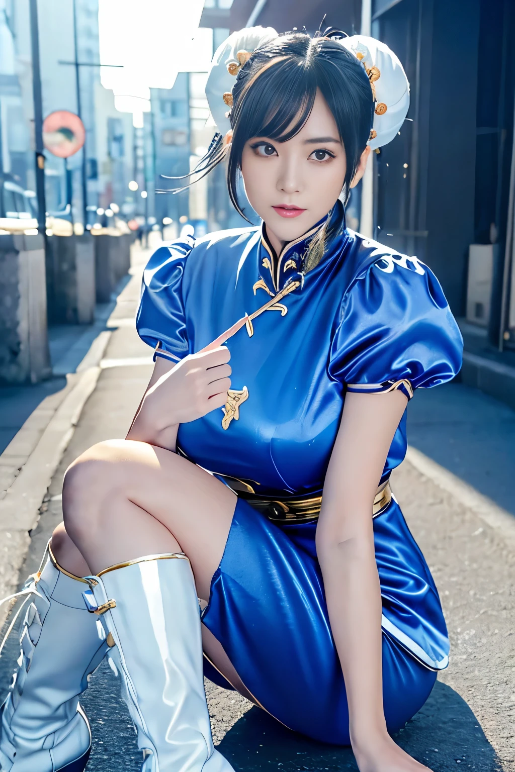 Live-action version of Chun-Li from Street Fighter，RAW photo,,(Blue china clothes、Ｃcup breast)、(Looks like a super realistic photo)、portrait、perfect angle、(professional quality、High resolution)、perfect contrast、perfect lighting、perfect composition、perfect skin、perfect hands、perfect fingers、perfect breasts、perfect fast perfect、A masterpiece that reproduces realistic facial features and hairstyles、White Hair Clip、ribbon)、(supermodel with long legs)、 ((Sexy blue and gold cheongsam、puff sleeves、White band、blue front droop、Sticky Wristband、thigh slit))、((blue front droop))、(cute日本の女の子、Face the front and look at the camera、Dark brown hair with wet and shiny)、restaurant、on the road、Light in Eye Ace Perfect、perfect body、perfect fingers、perfect arms、perfect hands、face becomes smaller、double eyelid、Big eyes、money is better than beauty、visible all over、Supermodel with very long legs、teenage、cute、spotless、lip gloss、hair fluttering in the strong wind、Stand facing the front、((Slender and stretched thin pantyhose、shiny pantyhose、white long boots))、movie lighting、light shines on your face