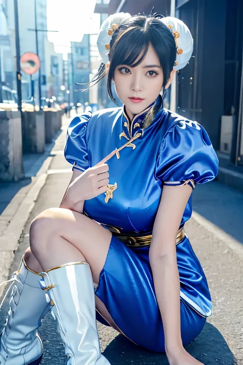 Live-action version of Chun-Li from Street Fighter，RAW photo,,(Blue china clothes、Ｃcup breast)、(Looks like a super realistic pho...