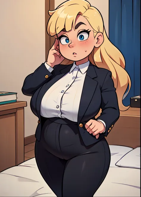 I blonde hair business woman, in a very tight business suit, clothes are almost tearing, very rotund, extremely large thighs, huge legs, big breasts, enormous belly, large midsection, very fat, on the phone, stern expression, pouty, at a business hotel bui...