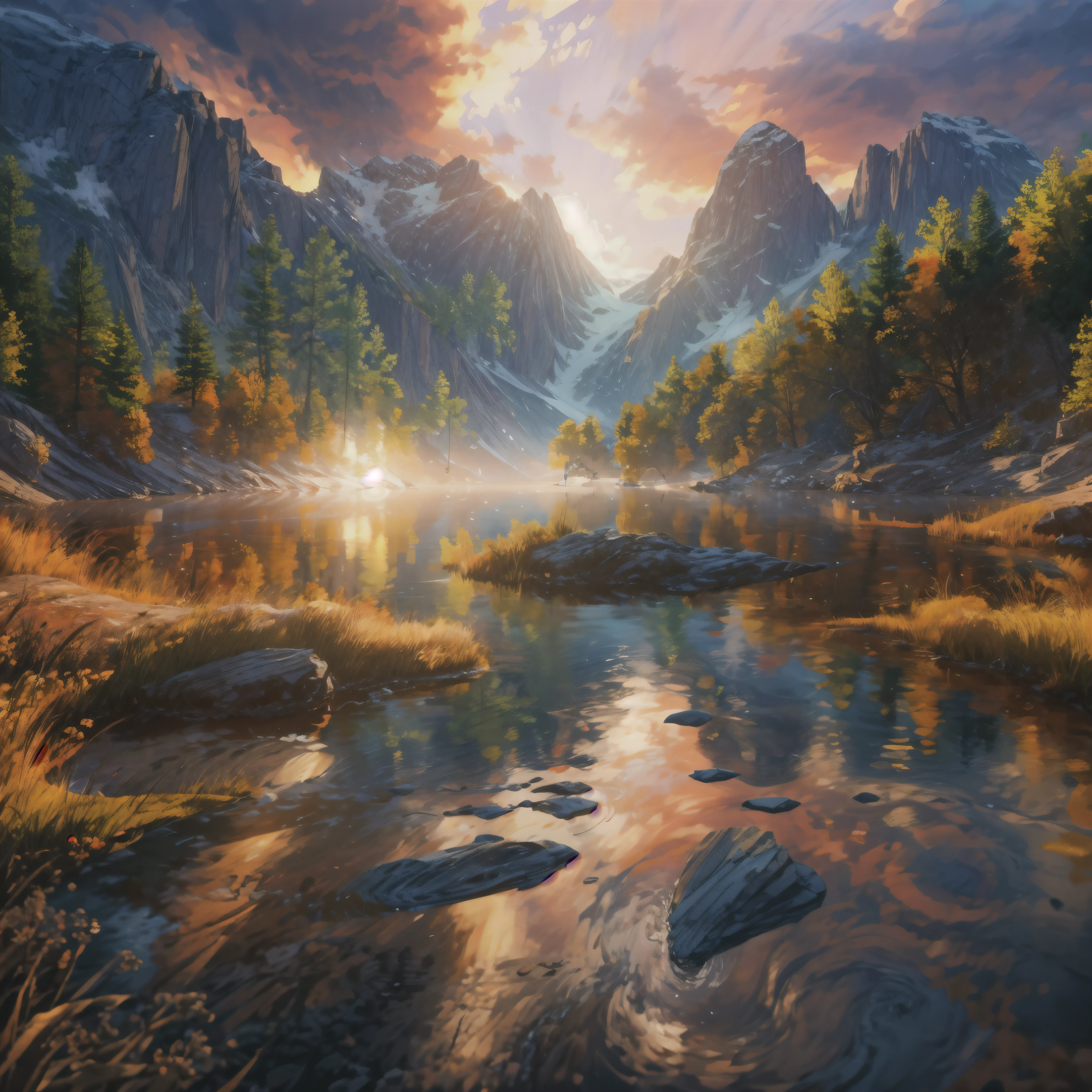 Tranquil mountain lake reflects the vibrant colors of sunrise, Surrealism, Cinema lighting, glowing light, reflected light, divine light, backlight, Ray tracing, ultra high definition, masterpiece, precise, anatomically correct, best quality, high detail, high quality, high resolution, 8k