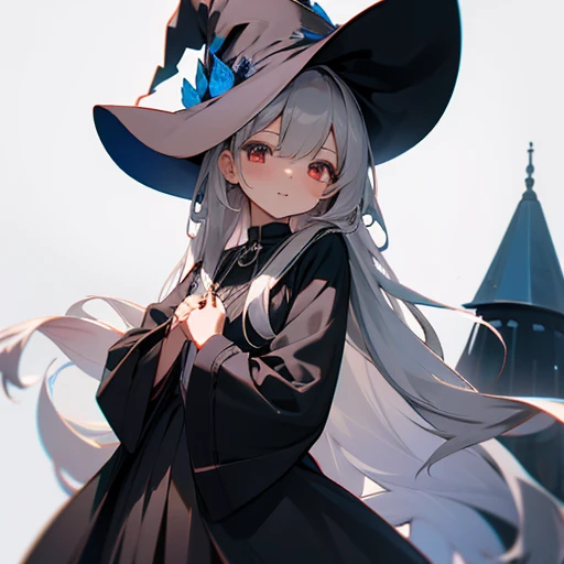 girl with long silver hair、cute、Dressed as a witch