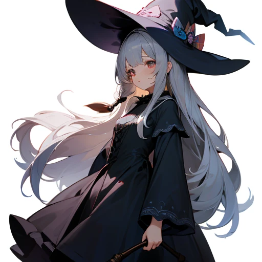 girl with long silver hair、cute、Dressed as a witch