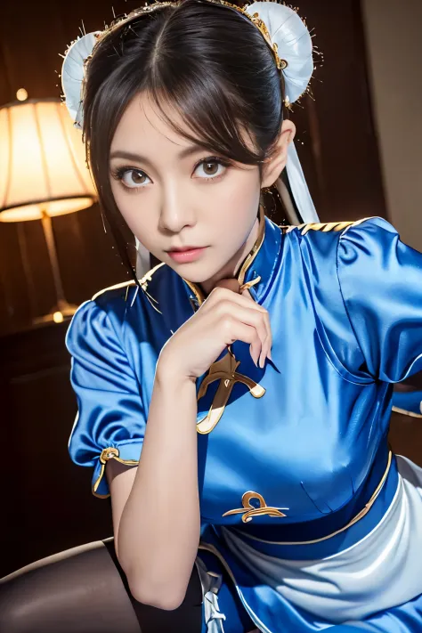 Live-action version of Chun-Li from Street Fighter，feeling of defeat,RAW photo,,(Blue china clothes、Ｃcup breast)、(Looks like a s...