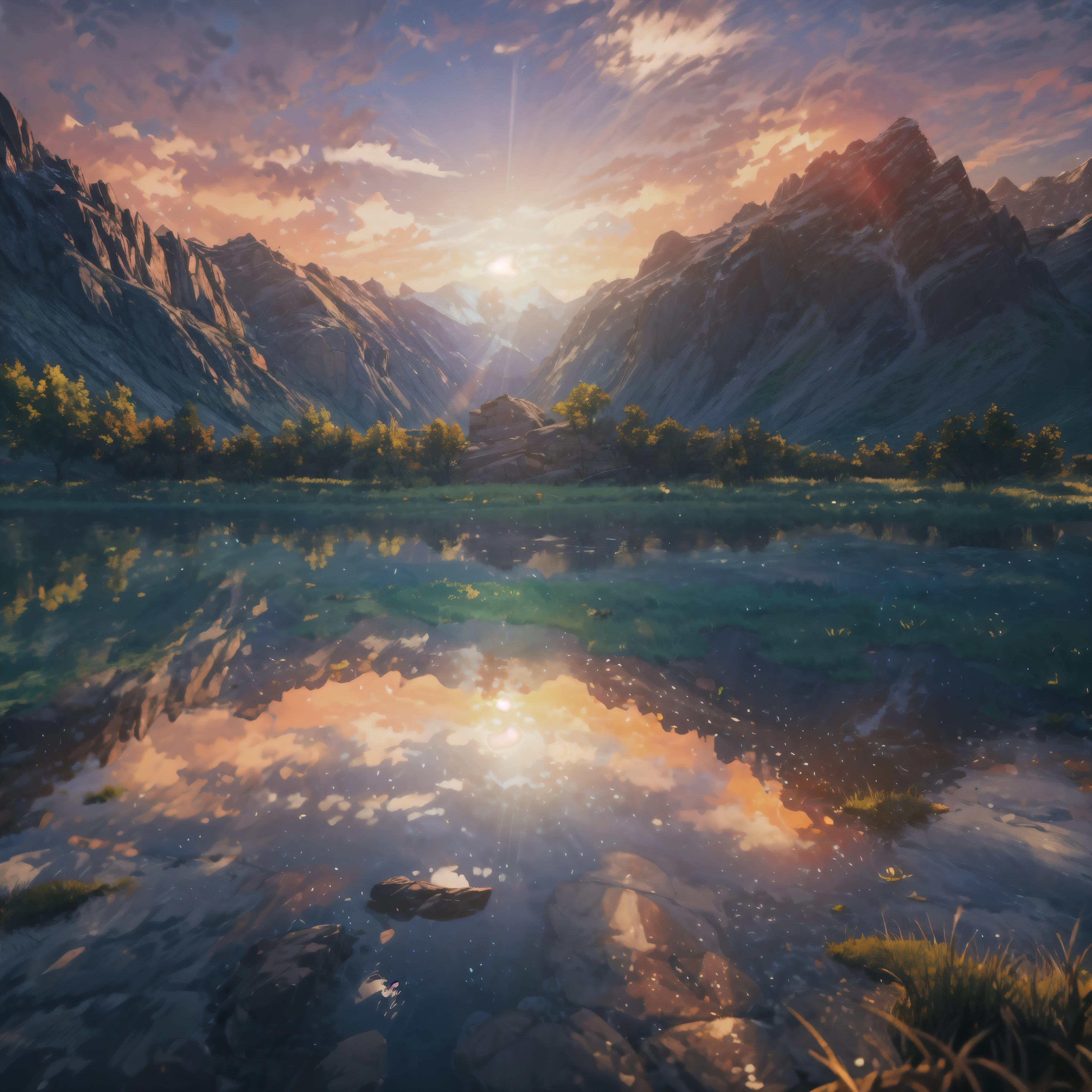 Tranquil mountain lake reflects the vibrant colors of sunrise, Surrealism, Cinema lighting, glowing light, reflected light, divine light, backlight, Ray tracing, ultra high definition, masterpiece, precise, anatomically correct, best quality, high detail, high quality, high resolution, 8k