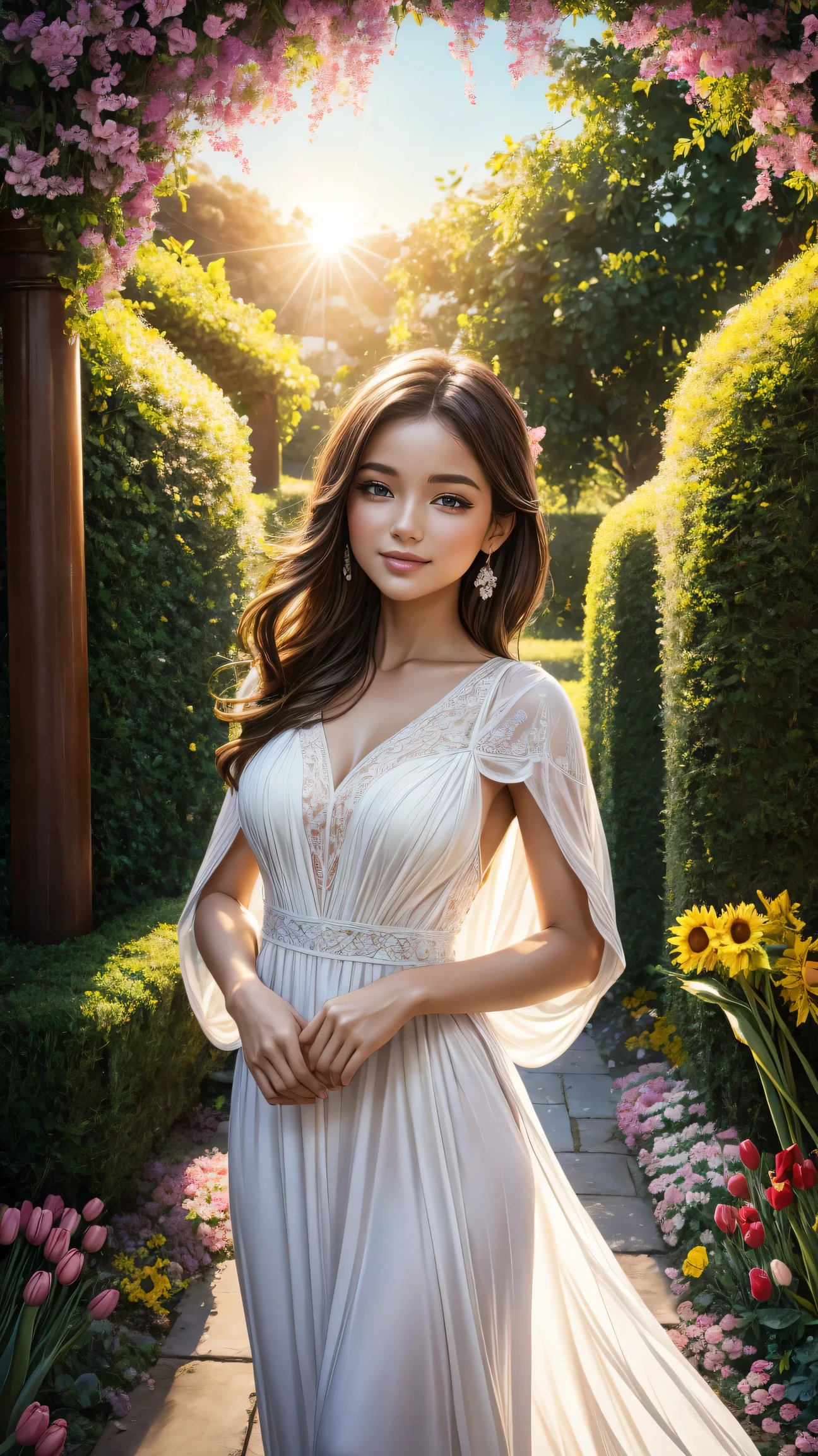 A girl with beautiful detailed eyes and lips stands in a vibrant garden, Surrounded by blooming flowers and lush greenery. She has long eyelashes，Added a touch of elegance to her face. The garden is filled with all kinds of colorful flowers, Including roses, tulip, and sunflowers. The sun shines gently through the leaves, Cast a warm and brilliant light on the scene. The girl wore a flowing white dress，Dance in the breeze, Give her an ethereal and elegant look. Her face is filled with a joyful smile, Radiating the light of happiness and contentment. The overall atmosphere of the artwork is realistic and realistic, Bright colors、clear focus. The artwork showcases the beauty of nature，Captures the essence of the perfect moment. Soft and subtle lighting, Create a sense of peace and quiet. Artwork is of the highest quality, Features ultra-detailed elements，Bring every aspect of your scene to life. This is a masterpiece created with precision and passion.