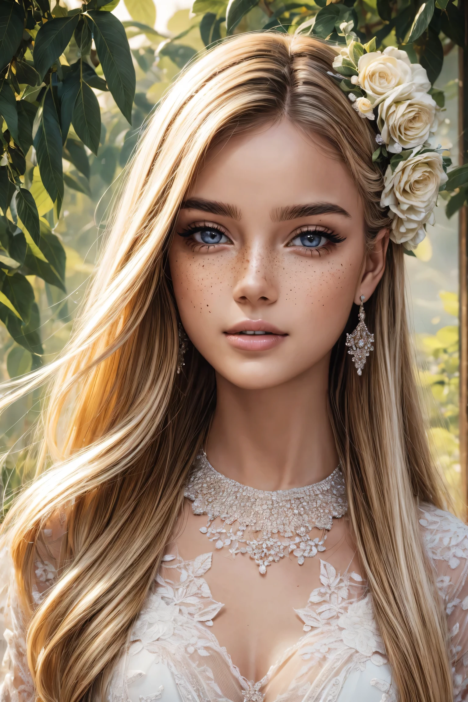 (high quality,4K,8k,high resolution,masterpiece:1.2),Beautiful and delicate eyes,Beautiful and delicate lips,Extremely detailed eyes and face,long eyelashes,(portrait:1.1),Gorgeous,smiling,fashionable,ethereal,Obsessed,fantasy,flowery,fantastic,Beautiful garden setting,soft sunshine,romantic atmosphere,whimsical,Perfectly flowing hair,bright colors,Feminine,fashionable着装,Loving gaze,Beautiful features,Moderate,beautiful,happiness,freckle,charming,wonderful,carefree,perfect complexion,divine being