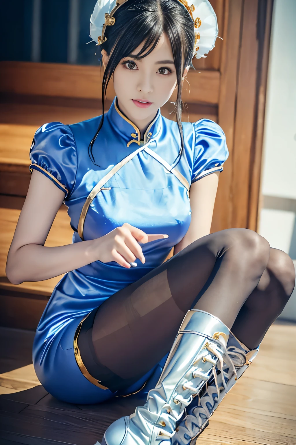 Live-action version of Chun-Li from Street Fighter，feeling of defeat,RAW photo,,(Blue china clothes、Ｃcup breast)、(Looks like a super realistic photo)、portrait、perfect angle、(professional quality、High resolution)、perfect contrast、perfect lighting、perfect composition、perfect skin、perfect hands、perfect fingers、perfect breasts、perfect fast perfect、A masterpiece that reproduces realistic facial features and hairstyles、small white hair clip、ribbon)、(supermodel with long legs)、 ((Sexy blue and gold cheongsam、puff sleeves、blue front droop、Sticky Wristband、thigh slit))、((blue front droop))、(cute japanese girl、Face the front and look at the camera、Dark brown hair with wet and shiny)、restaurant、on the road、Light in Eye Ace Perfect、face becomes smaller、double eyelid、Big eyeoney is better than beauty、teenage、cute、spotless、lip gloss、Stand facing the front、((Slender and stretched thin pantyhose、shiny pantyhose、white long bootovie lighting、light shines on your face