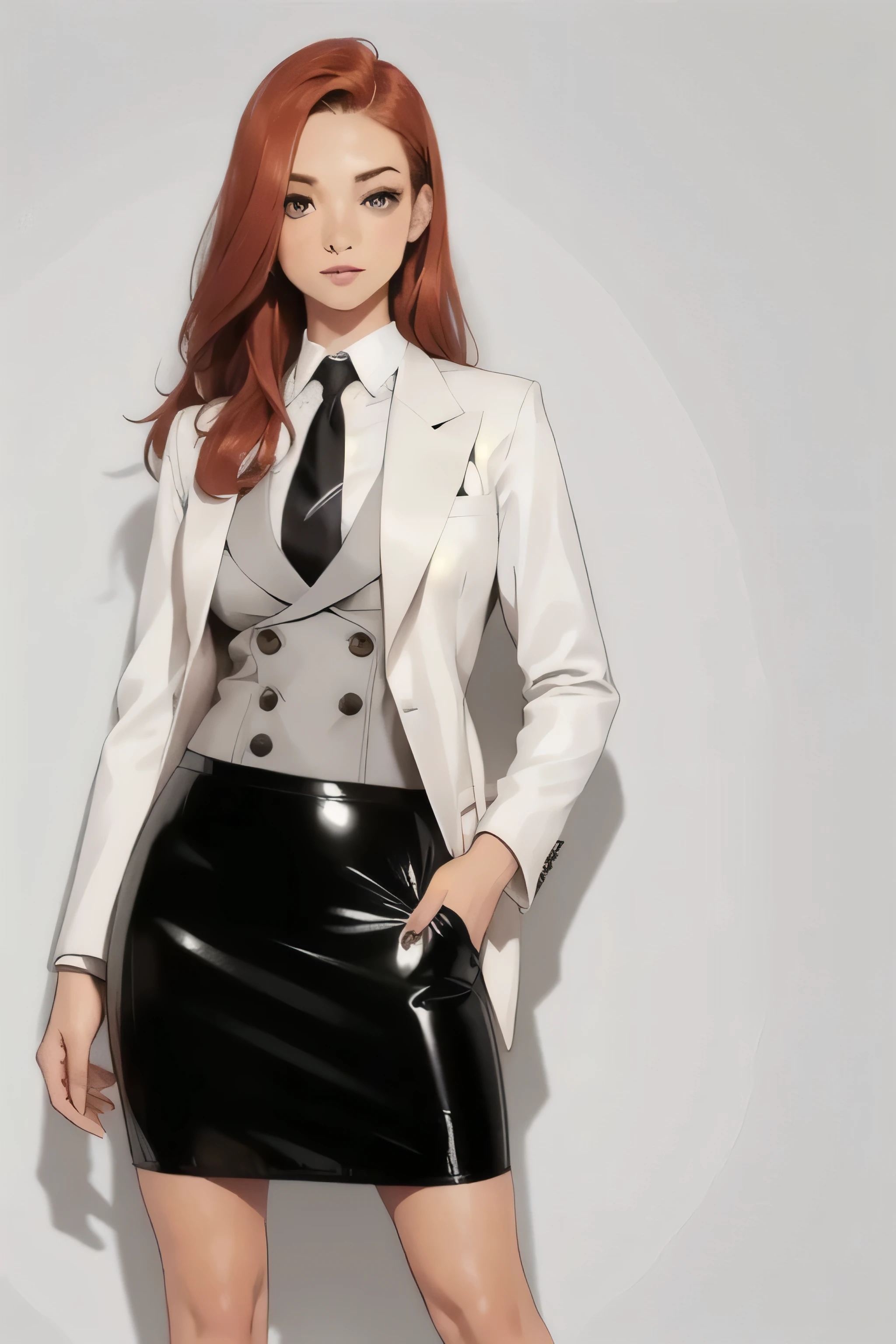 p3nc1llat3x, pencil skirt, high heels, shiny latex, lower body Fr3ckles, freckles, long hair, ginger hair,  white background,  ,(((skirt suit))), suit and tie, (((three-piece suit))), dress shirt with white collar, shirt and tie, (((silk necktie))), ((grey blazer)), ((suit jacket)), open jacket, ((waistcoat)), ((double-breasted waistcoat)), (((bodycon miniskirt))), pencil skirt, tights, pocket square, tie clip,