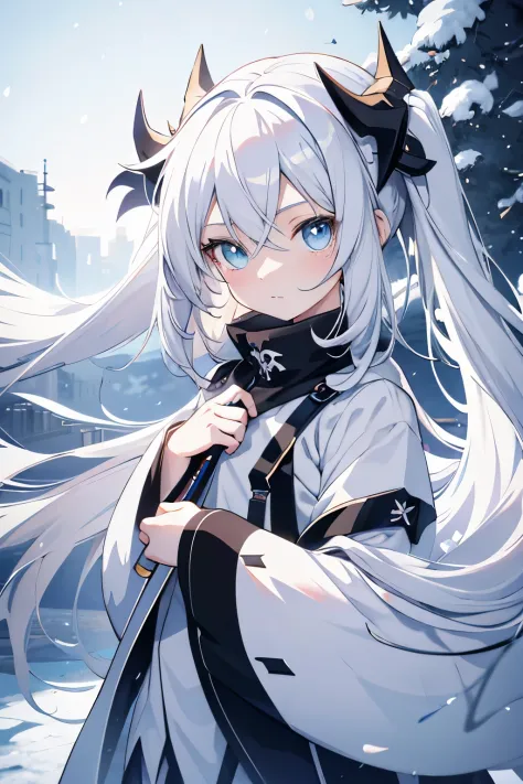 Adorable white-haired kid in anime style、chibi character design、anime aesthetics、anime art、innocent look、Snow Miku、High resoluti...