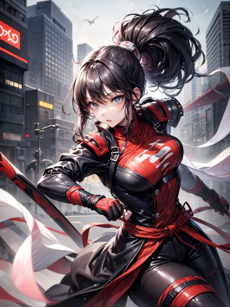 Japanese ninja woman, preparing for battle, in a fighting stance, dagger drawn, night scene, Impressive, black hair, ponytail, s...
