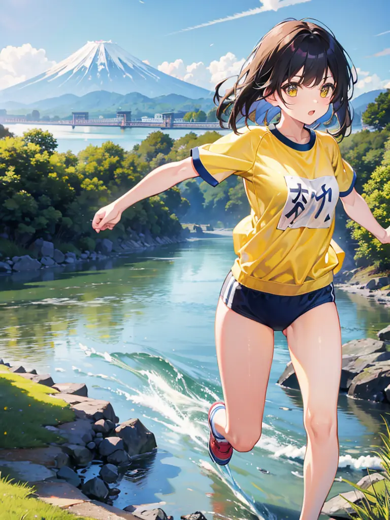 River banks, Fuji Mountain, girl running, bloomers, yellow tee shirt, best shot, 
