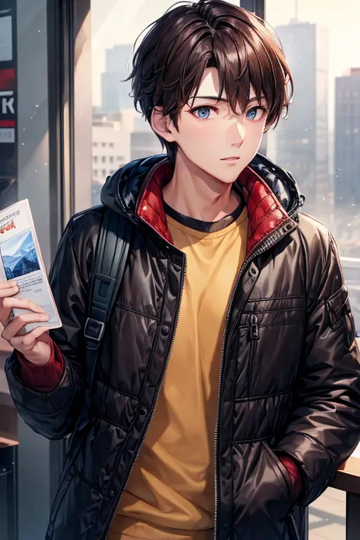 a handsome guy、winter clothes、brown short hair、long sleeve、headphones、rucksack、in the city、window shopping、high resolution、in 8k...