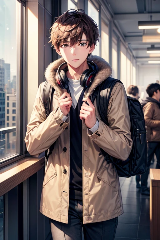 a handsome guy、Winter clothes、brown short hair、gray eyes、long sleeve、headphones、rucksack、in the city、Window Shopping、High resolution、In 8K、sharp focus、zoom、with the best image quality、highest quality