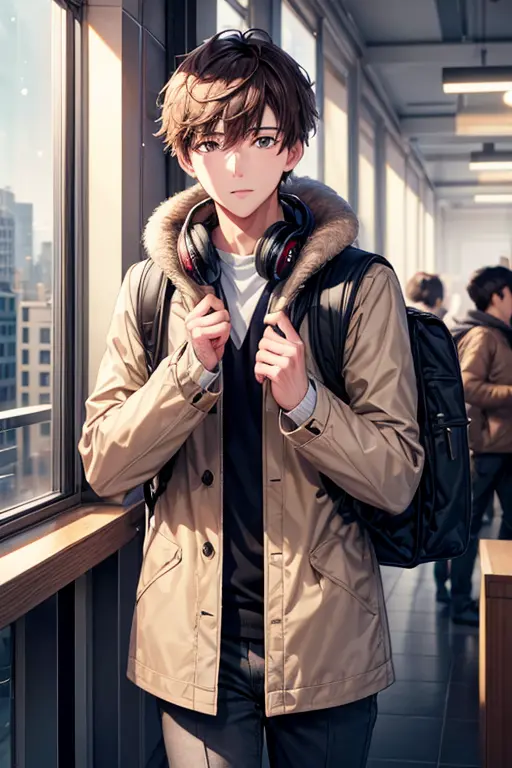 a handsome guy、winter clothes、brown short hair、gray eyes、long sleeve、headphones、rucksack、in the city、window shopping、high resolu...