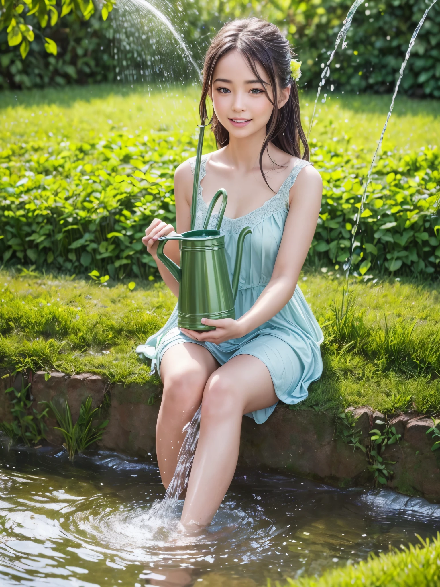 (best quality,4k,8k,highres,masterpiece:1.2),ultra-detailed,(realistic,photorealistic,photo-realistic:1.37),beautiful detailed eyes,beautiful detailed lips,extremely detailed eyes and face,longeyelashes,1girl,illustration,green garden,beautiful flowers,bright sunlight,fresh water droplets,water spray,vibrant colors,natural lighting,relaxing atmosphere,joyful expression,watering can,green grass,flower beds,water hose,water stream,focused gaze,spacious garden,summer vibes,serene environment