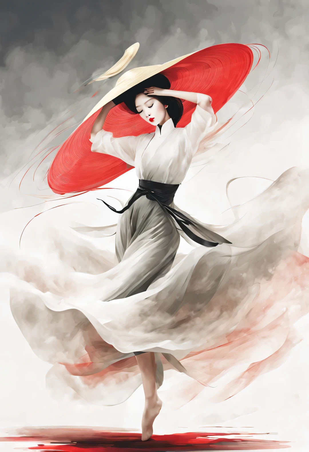 (Art dance poster design), (Half body), (Beautiful and ethereal Chinese dancers dance gracefully), (Wear stylish and modern workplace attire: 0.8), Fair and flawless skin, high nose bridge, (Face covered by big hat: 1.37), bitter, (Limbs are extremely slender and beautiful: 1.1), Exquisite facial features, (empty-handed),
rotating fog, Noble temperament, black and white illustration, Chinese ink painting, black hair, meatball, messy, Proud, Surrealism, contemporary art photography, illustration action painting, abstract expressionism, Pixar, depth of field, motion blur, backlight, Falling shadows, Gradient glow, Scale layers, Start at the bottom, Sony FE General Manager, ultra high definition, masterpiece, Accuracy, textured skin, Super details, high detail, high quality, Award-winning, best quality, Level, 16k,