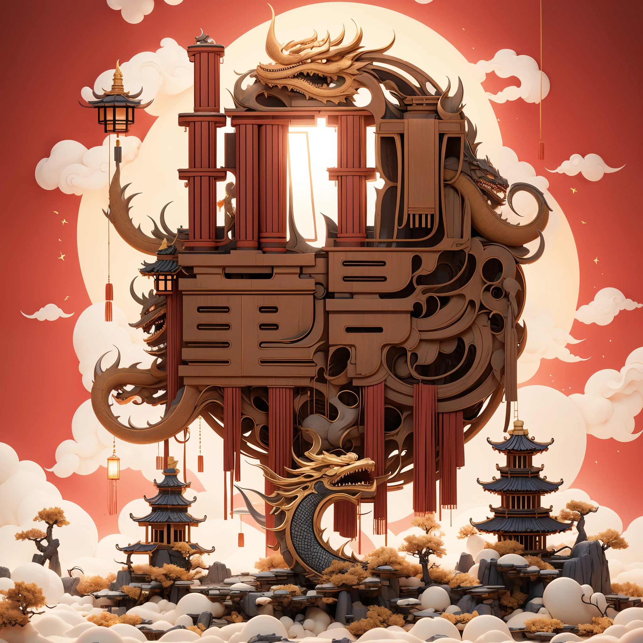 no humans, full moon，sweet osmanthus，Change，dragon，lantern，palace，cloud, Chinese style, masterpiece,Super exquisite,three-dimensional,super rich,Super detailed,32k