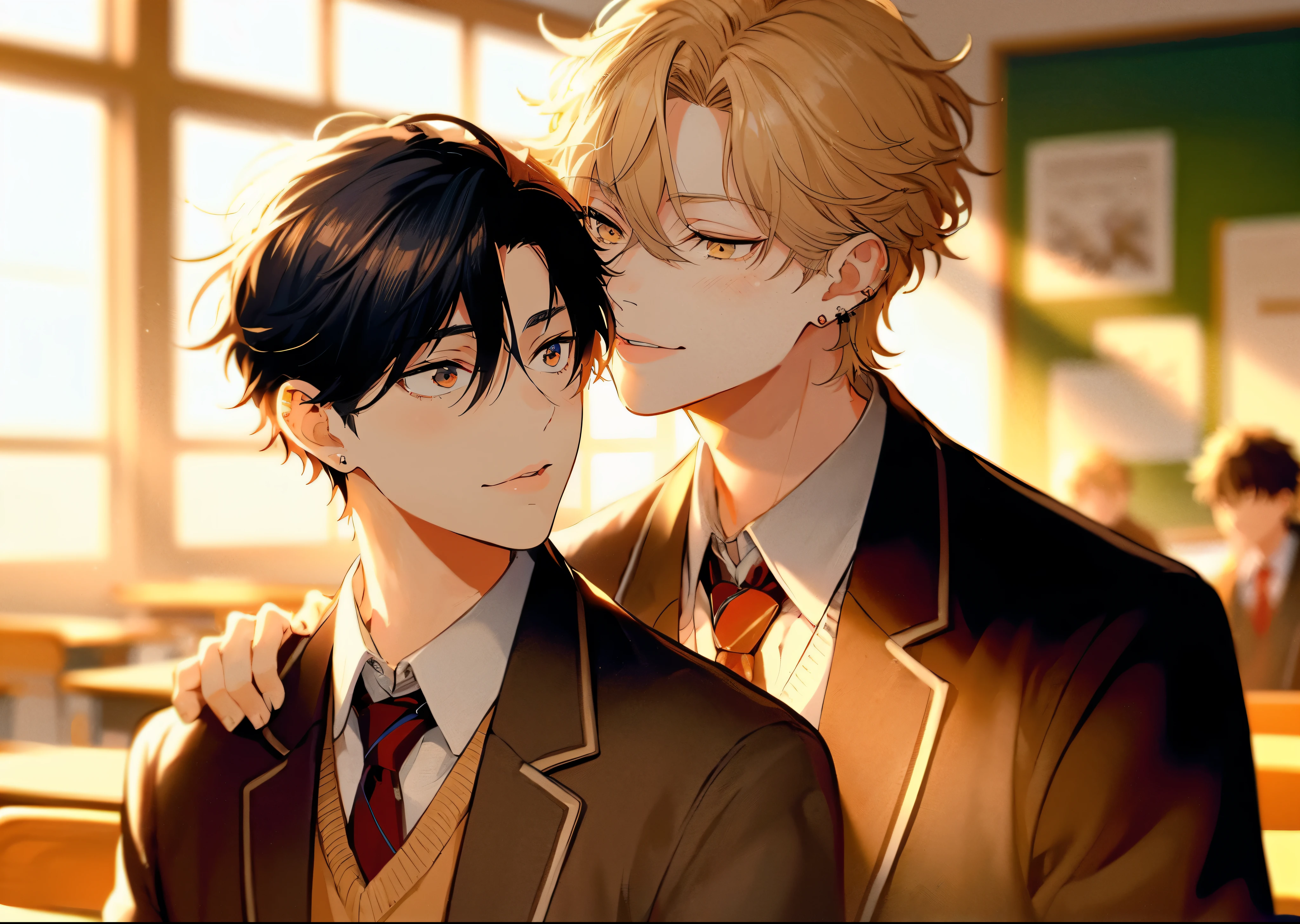 Two beautiful young men, Animated illustration of a beautiful young man with dark hair kissing a beautiful young blonde on the cheek; The two were wearing school uniforms.、I&#39;m in the classroom under the sunset.high quality, Amount to draw, pixiv illustration