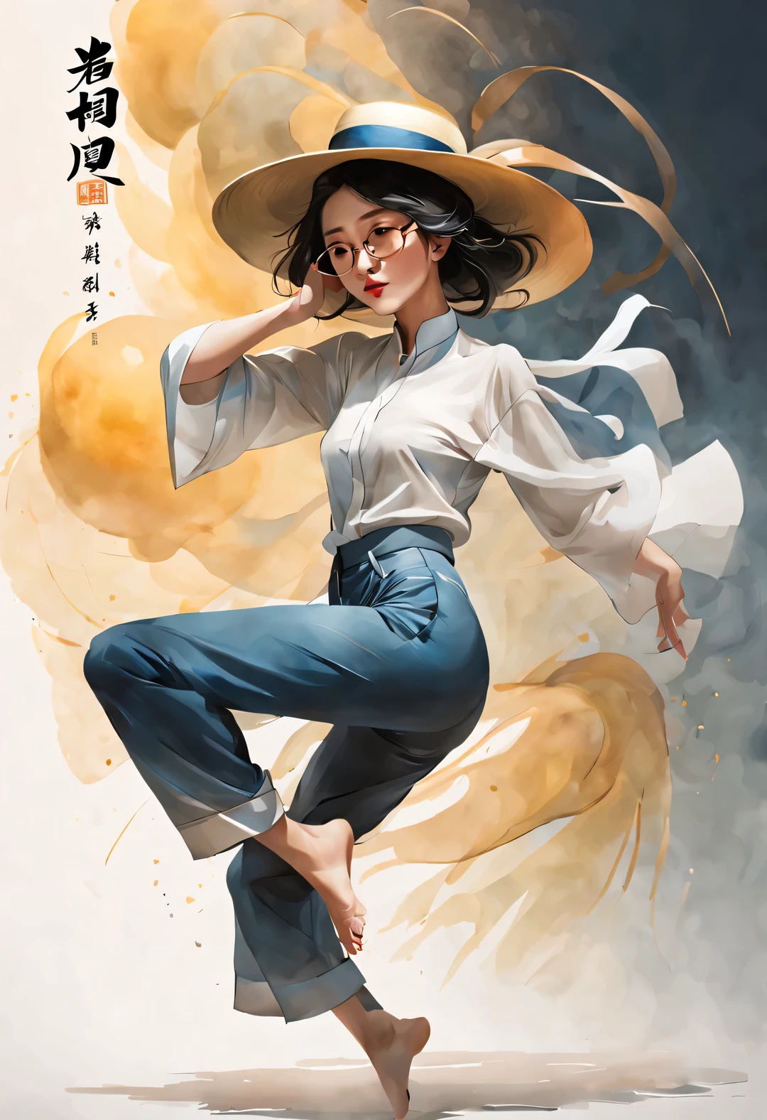 (Art dance poster design), (Half body), (Beautiful and ethereal Chinese dancers dance gracefully), (Wearing a stylish white shirt and blue jeans: 0.8), head-raised posture, Fair and flawless skin, high nose bridge, (Hats cover your face: 1.37), Wearing large sunglasses, bitter, (Limbs are extremely slender and beautiful: 1.1), Exquisite facial features, (karate kyaku),
rotating fog, Noble temperament, black and white illustration, Chinese ink painting, black hair, meatball, messy, Proud, Surrealism, contemporary art photography, illustration action painting, abstract expressionism, Pixar, depth of field, motion blur, backlight, Falling shadows, Gradient glow, Scale layers, Start at the bottom, Sony FE General Manager, ultra high definition, masterpiece, Accuracy, textured skin, Super details, high detail, high quality, Award-winning, best quality, Level, 16k,