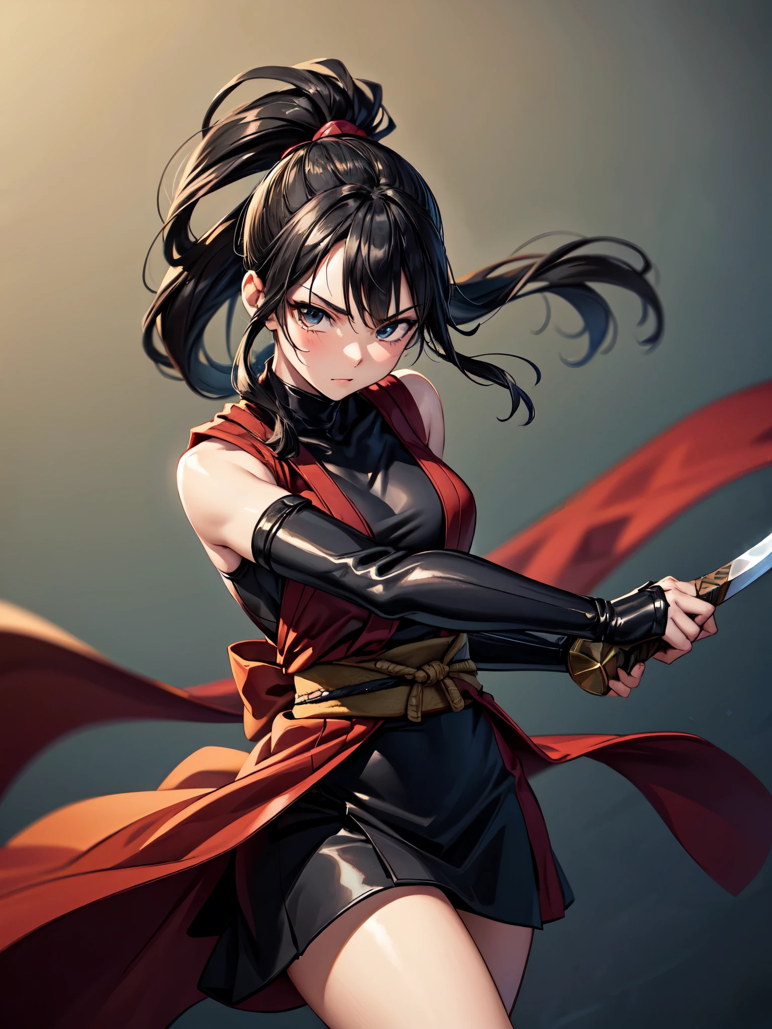 paisaje, Mujer ninja japonesa, preparándose para la batalla, En posición de lucha, daga desenvainada, medianoche, impresionante, pelo negro, cola de caballo, Cabello brillante, Hermoso rostro, Ojos bonitos , iluminación dinámica, ilustraciones super finas, obra maestra, preciso, 8K, mejor calidad, súper detalles, Colores estilo Ghibli, Alta resolución, oscuridad