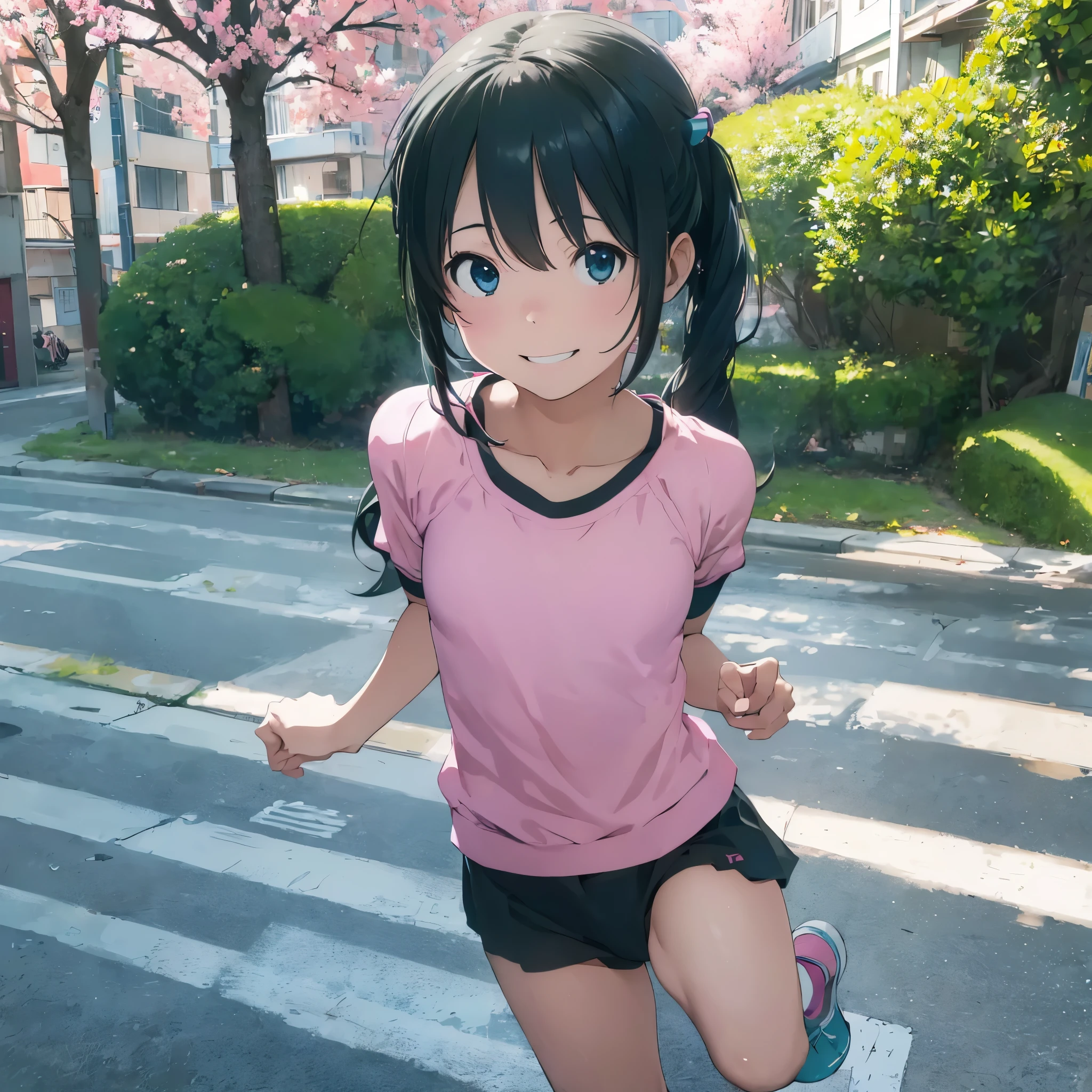 Hatsune Miku,table top, highest quality, 8K_wallpaper, (beautiful eyes), ((cute)), quavery), (Park on a sunny day),1 girl,small breasts,1 high school girl,standing girl,smile,close up of face、Portrait(((run a marathon)))、(((jogging)))、((Pink jersey))、