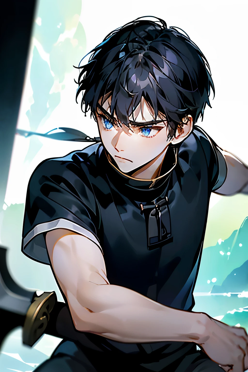 Crouching and holding a sword、upper body portrait、The dragon slayer&#39;s sword is floating on a simple tone background.、Depressed expression、look away、16 year old black haired young man、elder brother、swordsman、Hold a broadsword、black hair and blue eyes、lightly armored adventurer、Disturbing background、