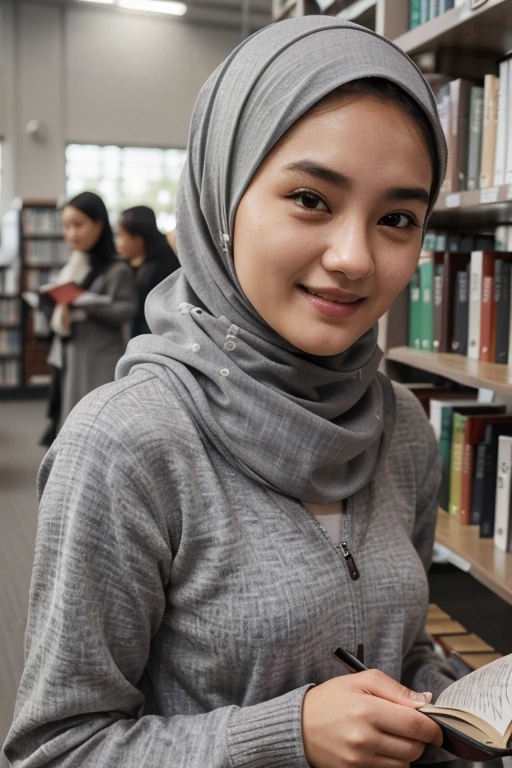 ((best quality photo realistic), kyulkung, 18yo girl, (grey outfit), looking at viewer, beatifull smile, (background :library ), detailed face, (closeup:0.5),wear grey hijab), reading with her team