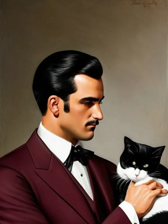 a man in an expensive red three-piece suit, 30 years old, trimmed dark brown hair, holding a short haired gray cat, background i...