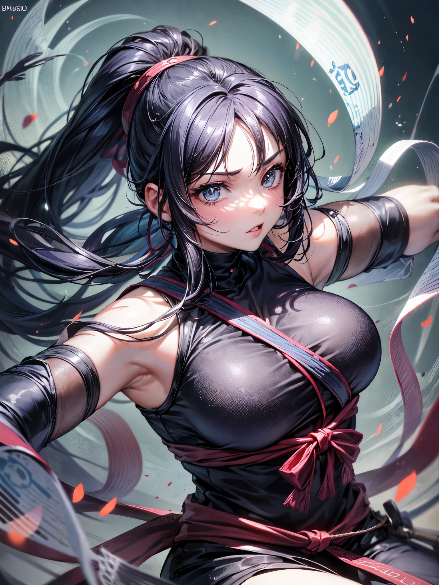 landscape, Japanese ninja woman, preparing for battle, in a fighting stance, dagger drawn, midnight, Impressive, black hair, ponytail, shiny hair, beautiful face, beautiful eyes , dynamic lighting, super fine illustrations, masterpiece, accurate, 8K, best quality, super details, ghibli style colors, high resolution, darkness