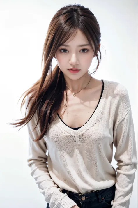 1 girl,sweater,white background,